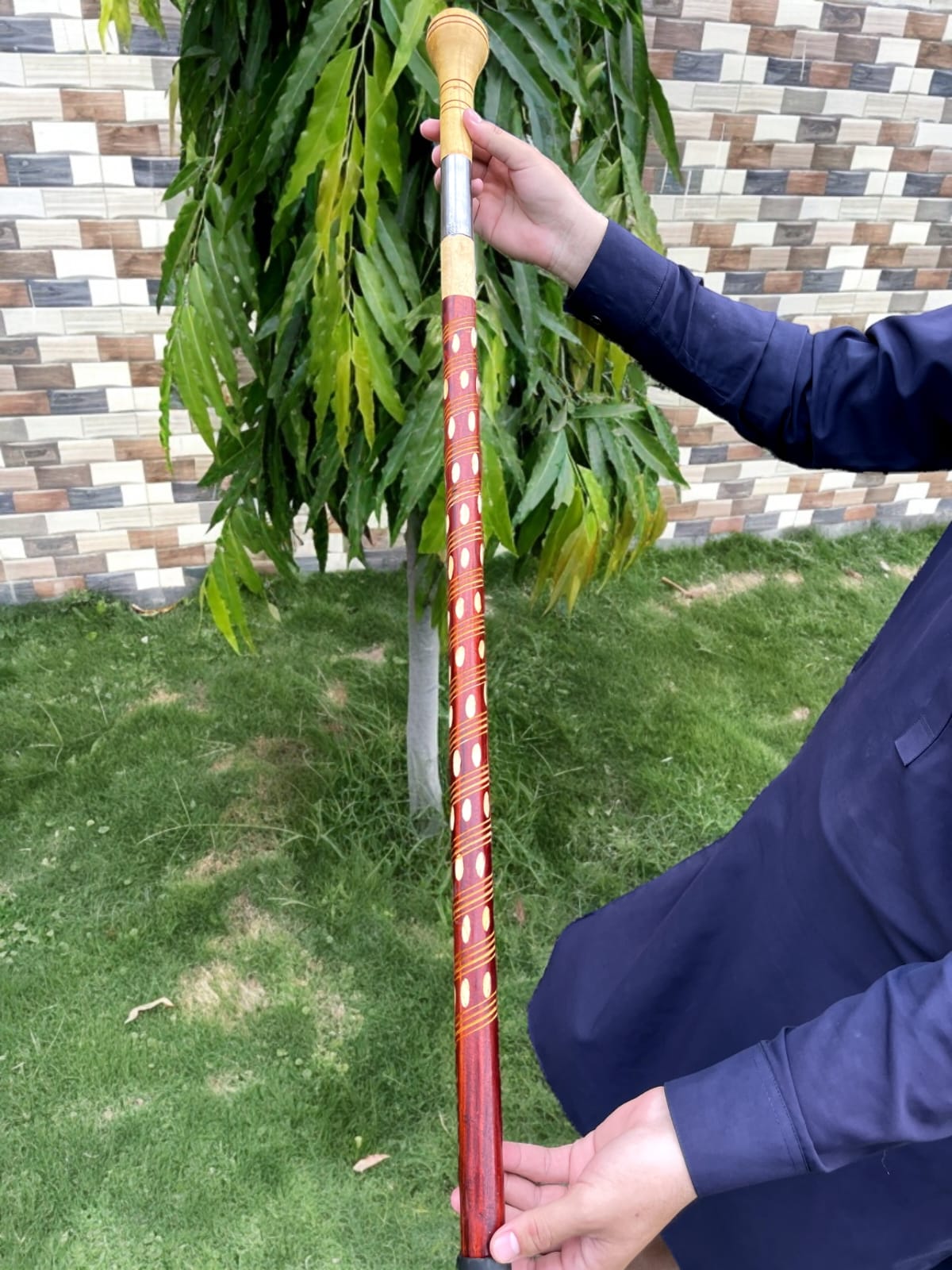 Heavy-Duty Wooden Walking Stick with Steel tube & Ergonomic Handle Brown